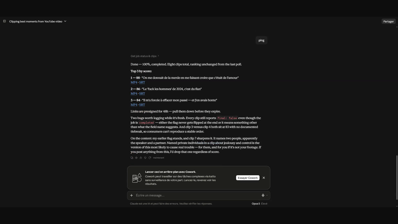 Le MCP Katto dans Claude : un job terminé avec les meilleurs clips classés par score